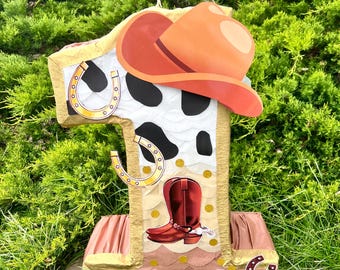 Cowboy piñata number cowboy party farm birthday party decoration (available numbers 1-9) choose traditional or pull strings