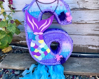 マーメイドナンバーピニャータ 海底パーティーの誕生日デコレーション（1～9の数字をご用意）伝統的なものまたは引き紐のものを選択