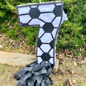 May include: A large number seven piñata, designed with black and white soccer ball patterns. The edges are trimmed with grey, and the bottom has a black fringe. A white string is attached for hanging.