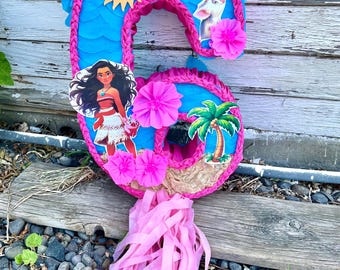 Piñata hawaiana con número para decoración de fiesta de cumpleaños de Moana (números disponibles (1-9), elige el tradicional o tira de cuerdas)