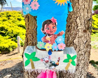 Piñata de cumpleaños número Moana para fiesta de cumpleaños (números disponibles del 1 al 9), elige la tradicional o tira de cuerdas