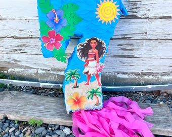 Piñata hawaiana con número para decoración de fiesta de cumpleaños de Moana (números disponibles (1-9), elige el tradicional o tira de cuerdas)