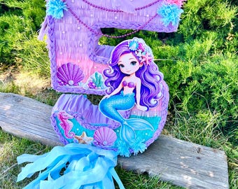 mermaid number piñata under the sea party birthday decoration (available numbers 1-9) choose traditional or pull strings