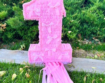 Personlig piñata med rosett och nummer – med dragsnöre eller traditionell – Anpassade nummer 1-9 för flickors födelsedagsfestdekor.