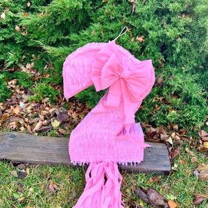 Puede incluir: Una piñata rosa con el número 2, con un gran lazo y flecos. La piñata está hecha de papel rosa y cuelga de una cuerda blanca. Está colocada sobre una tabla de madera, con un arbusto verde de fondo.