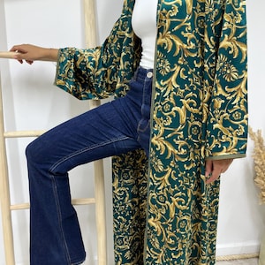 Regal Moroccan Open Kaftan - Green & Gold Ornate Satin Kimono