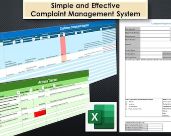 Peut inclure: Une capture d'écran d'une feuille de calcul avec le titre "Système de gestion des plaintes simple et efficace". La feuille de calcul est divisée en trois sections : "Registre des plaintes des clients", "Suivi des actions" et "Formulaire de rapport de plainte".