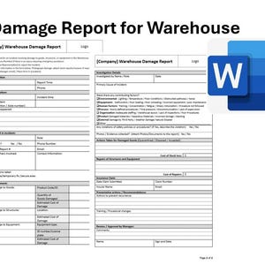 May include: A black and white warehouse damage report form with the text "Damage Report for Warehouse" at the top. The form includes sections for reporting details, incident description, people involved, immediate actions taken, damage assessments, insurance claim, preventative actions, and review and approval by manager.