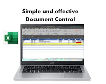 May include: A laptop computer displaying a spreadsheet in Microsoft Excel. The spreadsheet is titled "Document Control" and includes columns for document type, document ID, quality title, status, version, revision date, review date, and review type. The spreadsheet is used to track and manage documents.