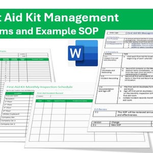 以下が含まれることがあります： Microsoft Word のアイコンが付いた、「First Aid Kit Management - Forms and Example SOP」というタイトルの緑と白の文書。この文書には、救急箱の在庫、毎月の検査、救急箱の管理のための標準作業手順 (SOP) のフォームが含まれています。