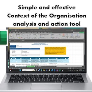 Peut inclure: Un ordinateur portable avec une feuille de calcul ouverte sur l'écran. La feuille de calcul est intitulée "Context of the Organisation SWOT Analysis for ABC Company LTD." La feuille de calcul est un outil pour analyser les forces, les faiblesses, les opportunités et les menaces d'une entreprise. L'ordinateur portable est ouvert et le clavier est visible. L'ordinateur portable est sur une surface blanche.