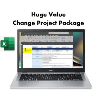 Könnte beinhalten: Ein Laptop mit einer auf dem Bildschirm geöffneten Tabellenkalkulation. Die Tabellenkalkulation trägt den Titel "Change Management Method Example". Der Laptop ist silberfarben und hat eine schwarze Tastatur. Der Bildschirm zeigt eine Tabellenkalkulation mit Spalten für "Beschreibung", "Ursache", "Folgen", "Aktionen" und "Zeitplan". Die Tabellenkalkulation ist mit Text und Zahlen gefüllt. In der oberen linken Ecke des Bildes befindet sich ein grünes Excel-Symbol.