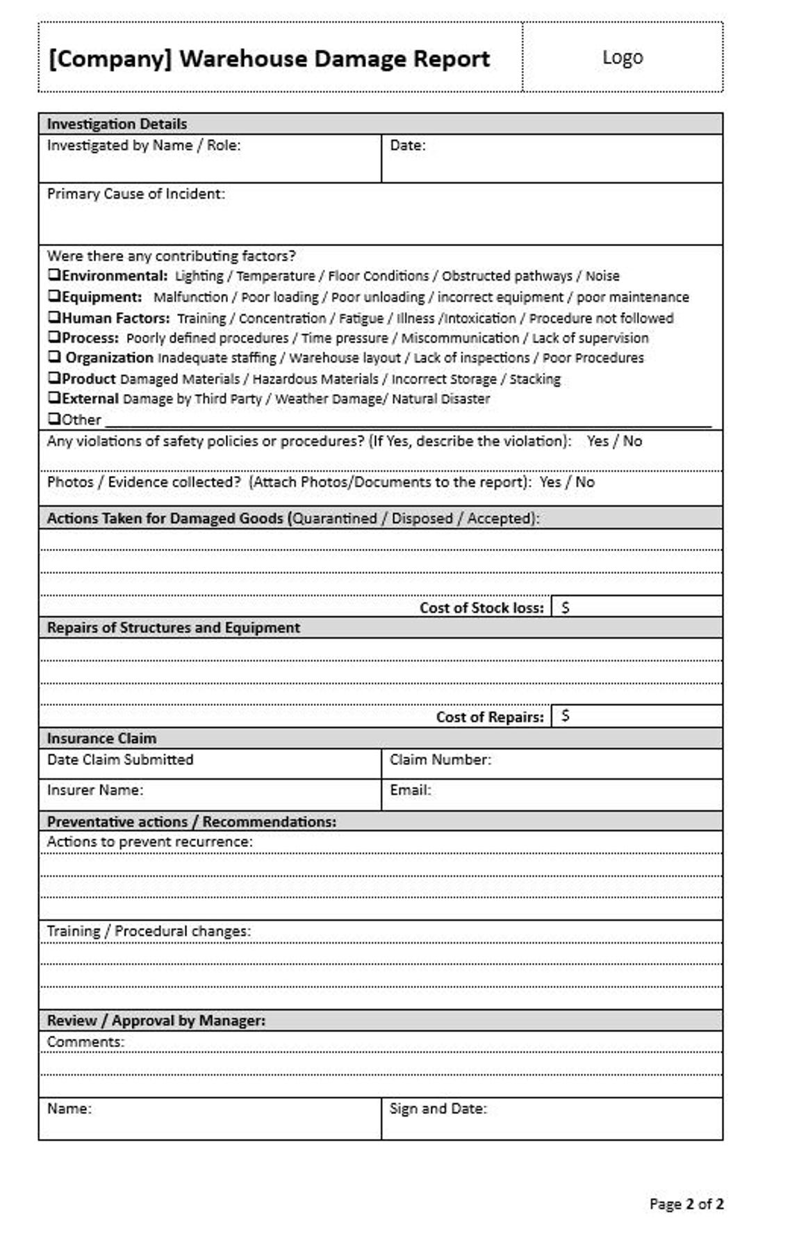 Warehouse Damage Report Form Incident Report and Investigation Word
