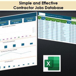 May include: A spreadsheet with a dashboard displaying data about contractors and clients. The dashboard includes charts and graphs showing total cost, revenue, and hours worked. The spreadsheet is titled "Simple and Effective Contractor Jobs Database".