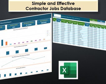 Op de afbeelding: Een spreadsheet met een dashboard dat gegevens over aannemers en klanten weergeeft. Het dashboard bevat grafieken en diagrammen die de totale kosten, inkomsten en gewerkte uren laten zien. De spreadsheet heeft de titel "Eenvoudige en effectieve database voor aannemerswerk".