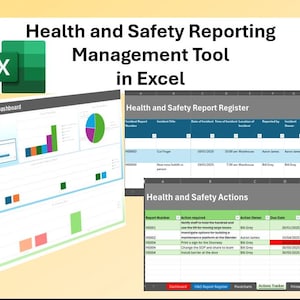 Peut inclure: Une capture d'écran d'un écran d'ordinateur affichant une feuille de calcul avec un tableau de bord de gestion de la santé et de la sécurité, un registre des rapports et un suivi des actions. Le tableau de bord comprend des graphiques et des diagrammes avec des données sur les incidents de santé et de sécurité. Le registre des rapports répertorie les détails de chaque incident, y compris la date, le lieu et la catégorie. Le suivi des actions montre l'état des actions correctives prises pour répondre aux incidents.