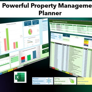 Op de afbeelding: Een screenshot van een computerscherm waarop een spreadsheetprogramma wordt weergegeven met een groen, blauw en rood kleurenschema. De spreadsheet heeft de titel "Powerful Property Management Planner". De spreadsheet bevat verschillende grafieken en diagrammen, evenals een lijst met taken. De spreadsheet is onderverdeeld in vier secties: Geplande onderhoudstaken, Reactieve onderhoudstaken, Winteronderhoudsschema en Lenteonderhoudsschema.