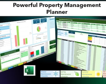 Peut inclure: Une capture d'écran d'un écran d'ordinateur affichant un programme de tableur avec un schéma de couleurs vert, bleu et rouge. La feuille de calcul est intitulée "Powerful Property Management Planner". La feuille de calcul comprend une variété de graphiques et de tableaux, ainsi qu'une liste de tâches. La feuille de calcul est divisée en quatre sections : Tâches de maintenance planifiées, Tâches de maintenance réactives, Calendrier de maintenance hivernale et Calendrier de maintenance printanier.