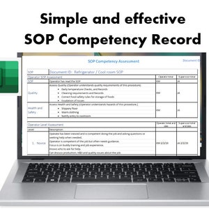 May include: A laptop computer screen displaying a spreadsheet with a competency assessment form for a refrigerator and cool room standard operating procedure (SOP). The form includes sections for operator and supervisor initials and dates, as well as a description of the operator's level of competency.
