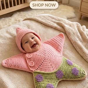 May include: A baby wearing a pink and green star-shaped crochet outfit with a matching hood and two buttons. The outfit features purple spots on the green section. Text on the image reads: Your Little Star! Shop Adorable Crochet Outfits. SHOP NOW.