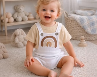 Baby Boy Outfit, Rainbow Romper Set, Toddler Boy Clothes, Baby Romper, Waffle Knit Romper, Baby Clothing, Baby Shower Gift, Summer Outfit