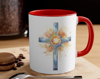 Our Father Prayer Mug 11oz Accent Coffee Mug, Christian Catholic Cross, Watercolor, Ceramic, Assorted Colors, Prayer Quote, Lead & BPA Free