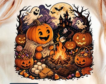 Cute Halloween Pumpkin Shirt, Jack O Lantern Campfire Shirt, Ghost Halloween Tee, Fall Smores Shirt, Family Halloween Tee