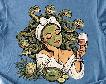Cute Medusa Spa Day Shirt, Funny Greek Mythology Tee, Snake Hair Wine Lover Gift, Comfort Colors 1717, Bella Canvas 3001