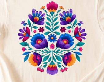 Folk Floral Shirt – Vibrant Flower Tee, Latin Heritage Art, Comfort Colors Boho Botanical Shirt, Mexican Otomi Style Top, Colorful Gift