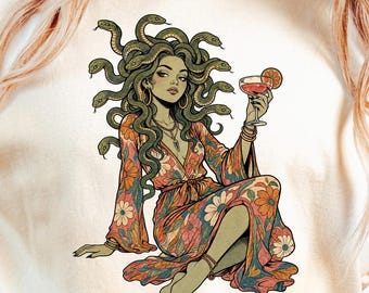 Hippie Medusa Shirt, Floral Medusa Tee, Boho Goddess Shirt, Cocktail Medusa Graphic Tee, Spooky Season Halloween Shirt