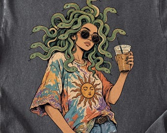Medusa Iced Coffee Shirt, Boho Graphic Tee, Vintage Hippie Medusa T Shirt, Halloween Snake Woman Shirt, Coffee Lover Tee