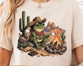 Cowboy Frog Camping Shirt, Cute Frog Campfire Tee, Desert Smores Graphic, Infant Bodysuit Toddler Youth Adult Shirt Gift