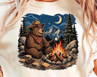 Cute Cowboy Bear Camping Shirt, Campfire Smores Tee, Woodland Bear Shirt, Family Camping Trip Gift, Western Bear Tee