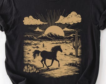 Vintage Western Horse Shirt, Desert Sunset Graphic Tee, Cowboy Aesthetic Shirt, Retro Southwest Comfort Colors C1717