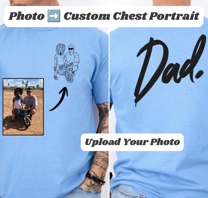 May include: A light blue t-shirt featuring a custom black line art illustration on the chest, derived from a photograph of a person and a child on a bicycle. The back of the shirt displays the word Dad in a large, bold, black script font.