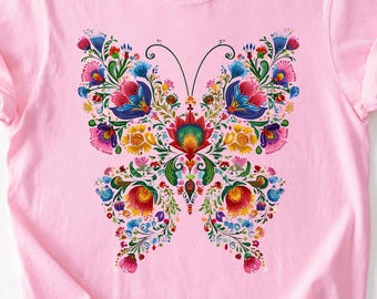 Folk Floral Butterfly Shirt, Colorful Boho Butterfly Tee, Cottagecore Wildflower Shirt, Nature Lover Gift for Women