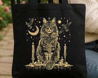 Mystic Maine Coon Tote Bag | Feline Canvas Tote | Cat Lover Gift | Witchy Cat Bag | Pet Owner Tote | Celestial Cat Tote
