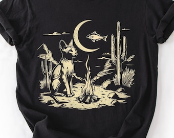Sphynx Cat Shirt | Desert Night T-Shirt | Moon Campfire Graphic Tee | Hairless Cat Lover Gift | Comfort Colors Unisex Top