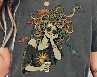 Cute Medusa Coffee Shirt, Mythology Graphic Tee, Snake Hair Goddess Shirt, Greek Mythology Tee, Comfort Colors 1717
