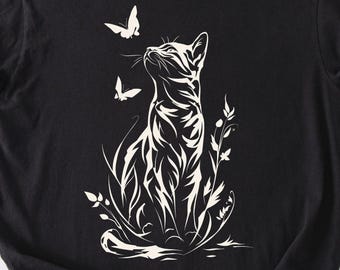 Orange Tabby Cat Butterfly Shirt, Nature Inspired Cat Tee, Botanical Cat Lover Gift, Whimsical Feline Graphic T-Shirt