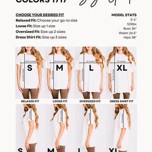 May include: A size guide for Comfort Colors 1717 t-shirts. The guide includes measurements for relaxed, loose, oversized, and dress shirt fits, with sizes S, M, L, and XL. Model stats are provided: 5'4", 120lbs, 86cm bust, 67cm waist, and 97cm hips.