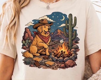 Golden Retriever Camping Shirt, Cowboy Dog Shirt, Cute Family Camping Shirt, Western Dog Tee, Kids & Adult Campfire Shirt Gift