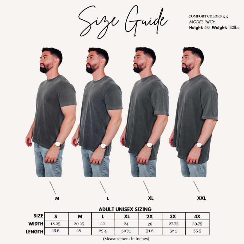 May include: Size guide graphic showing a model in a grey t-shirt across various sizes, from M to XXL. The guide provides measurements in inches for adult unisex sizing, detailing width and length for each size. The text "Size Guide" is at the top.