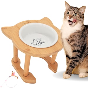 Elevated Raised Ceramic Cat Bowl with Bamboo Stand: Tilted, Adjustable Feeder