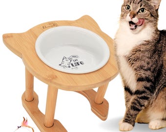 Elevated Raised Ceramic Cat Bowl with Bamboo Stand: Tilted, Adjustable Feeder