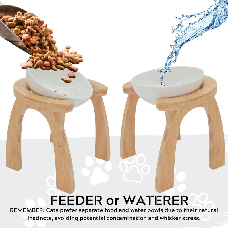 May include: Two elevated ceramic pet bowls, one filled with dry pet food and the other with water, on a natural bamboo stand. The text "FEEDER or WATERER" is at the bottom of the image. The text "REMEMBER: Cats prefer separate food and water bowls due to their natural instincts, avoiding potential contamination and whisker stress." is below the text "FEEDER or WATERER".