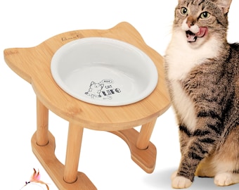 Elevated Ceramic Cat Bowl: Adjustable Bamboo Stand, Tilted Elder or Disables Cats