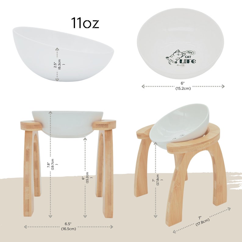 May include: White ceramic pet bowl with a cat graphic and the text "Meow Cat Life". The bowl is 6 inches in diameter and is shown on a wooden stand with a height of 7.8 inches. The stand has a 6.5 inch base.
