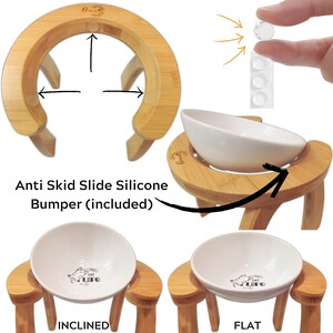 May include: Bamboo pet food bowl stand with two white ceramic bowls. The stand has three legs and is adjustable to be flat or inclined. The stand has anti-skid silicone bumpers to prevent it from sliding.