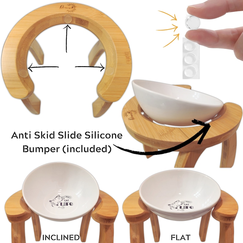 May include: Bamboo pet food bowl stand with two white ceramic bowls. The stand has three legs and is adjustable to be flat or inclined. The stand has anti-skid silicone bumpers to prevent it from sliding.